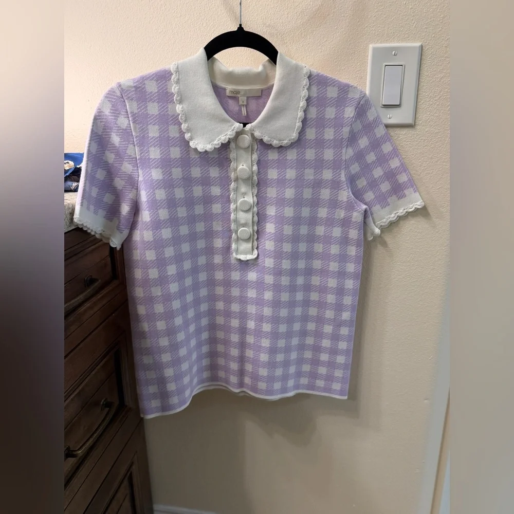 Maje woman’s Lavender Gingham Collared Knit Top with Scalloped Trim - Picture 4 of 8